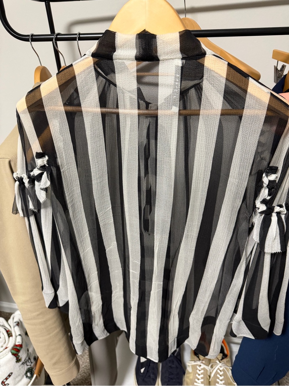 Givenchy Striped Tie-Neck Chiffon Blouse - Black & White - Picture 6 of 8